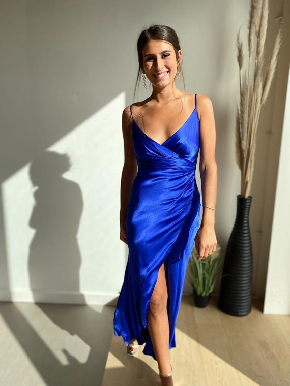 Zijden jurk met split en bandjes - Koningsblauw | Anne Sophie