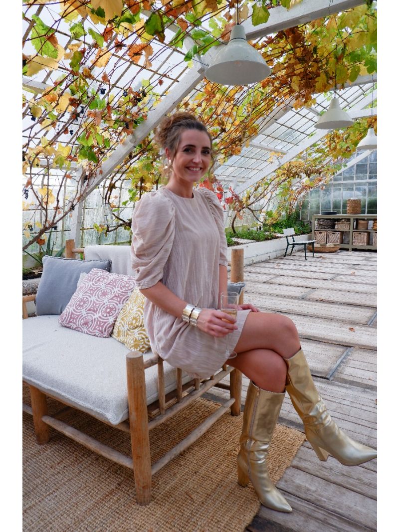 Uitlijnen buitenspiegel Moedig Korte fluwelen jurk met beige pofmouwen - XmasShow | Anne Sophie