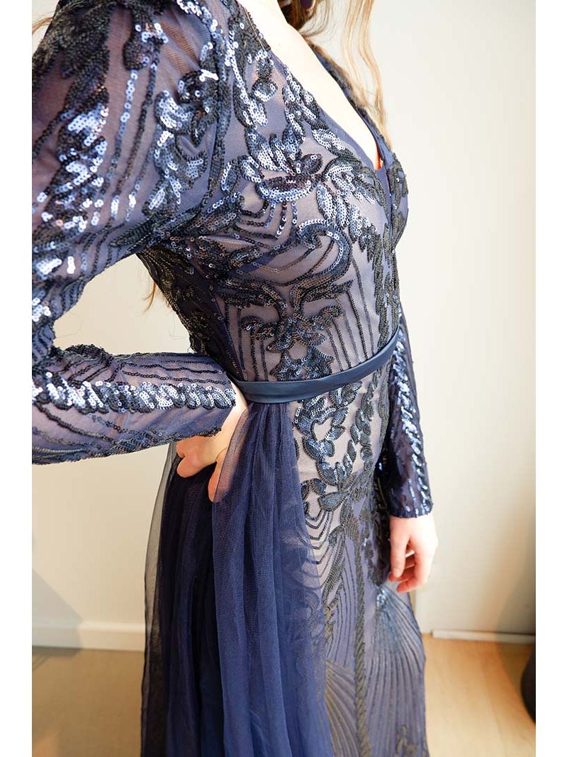 Robe longue à paillettes avec traine en tulle bleu marine - XmasShow
