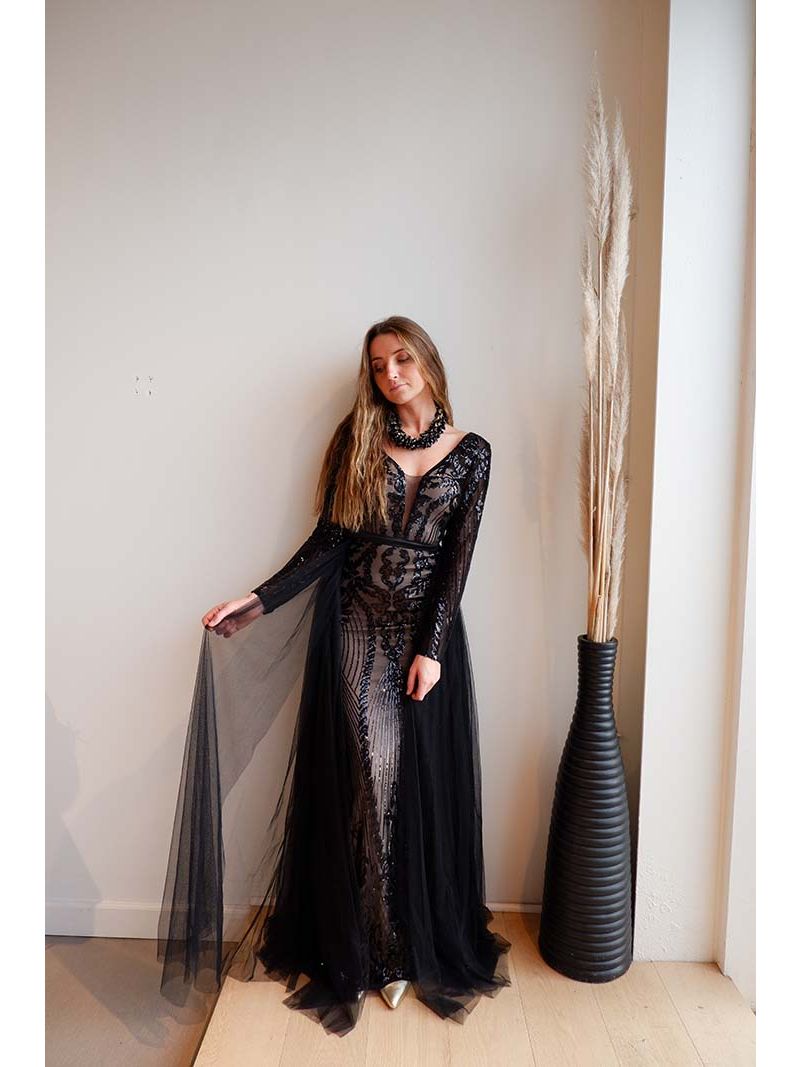 Robe longue à paillettes avec traine en tulle noire - XmasShow