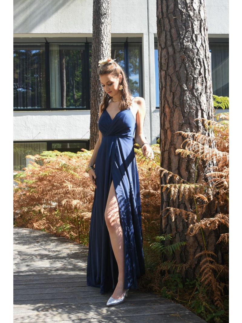 Lange satijnen jurk met split - Navy Blue
