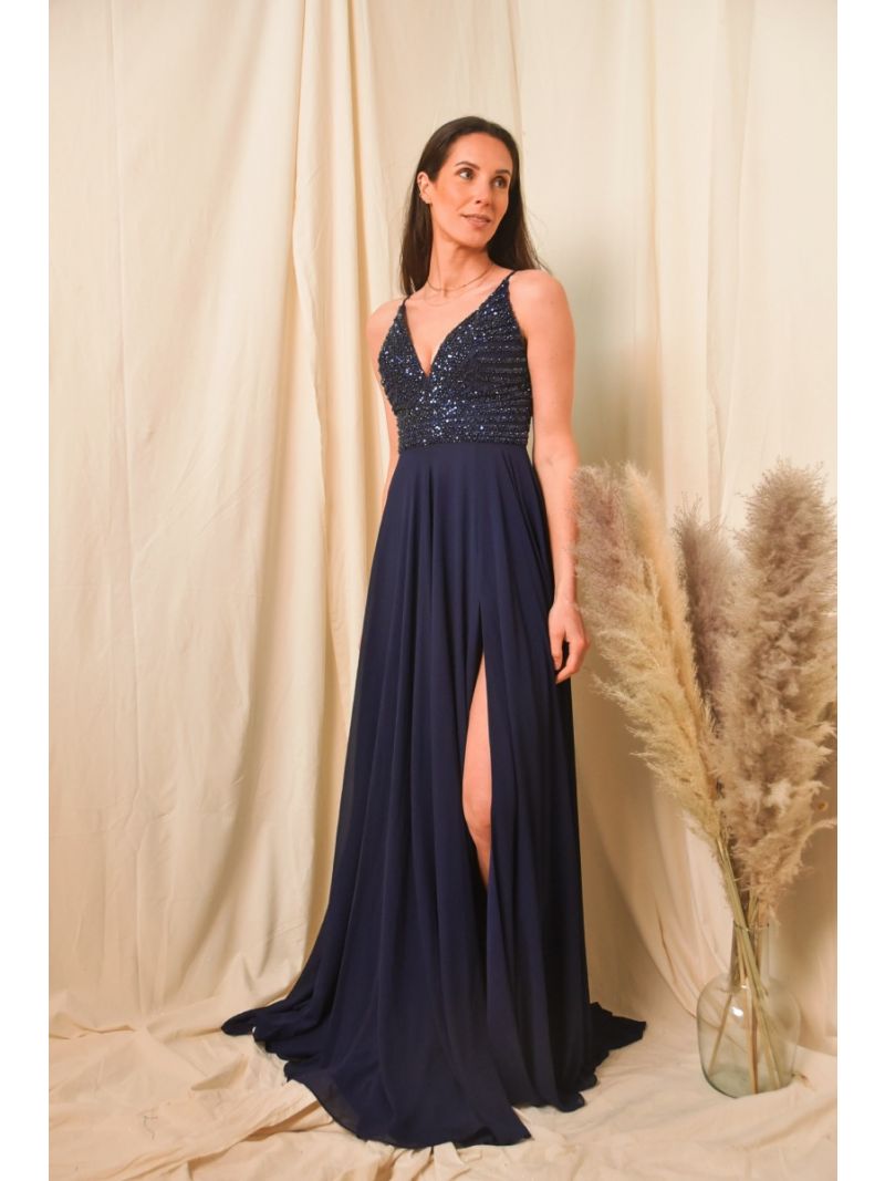 Lange jurk met split en strass - marineblauw