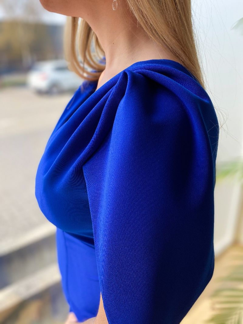 Robe longue asymétrique épaule couverte - Bleu roi
