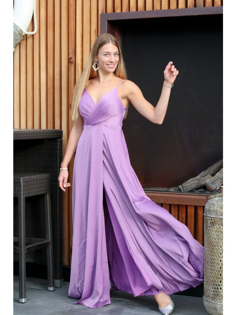 Lange satijnen jurk met split - Purple