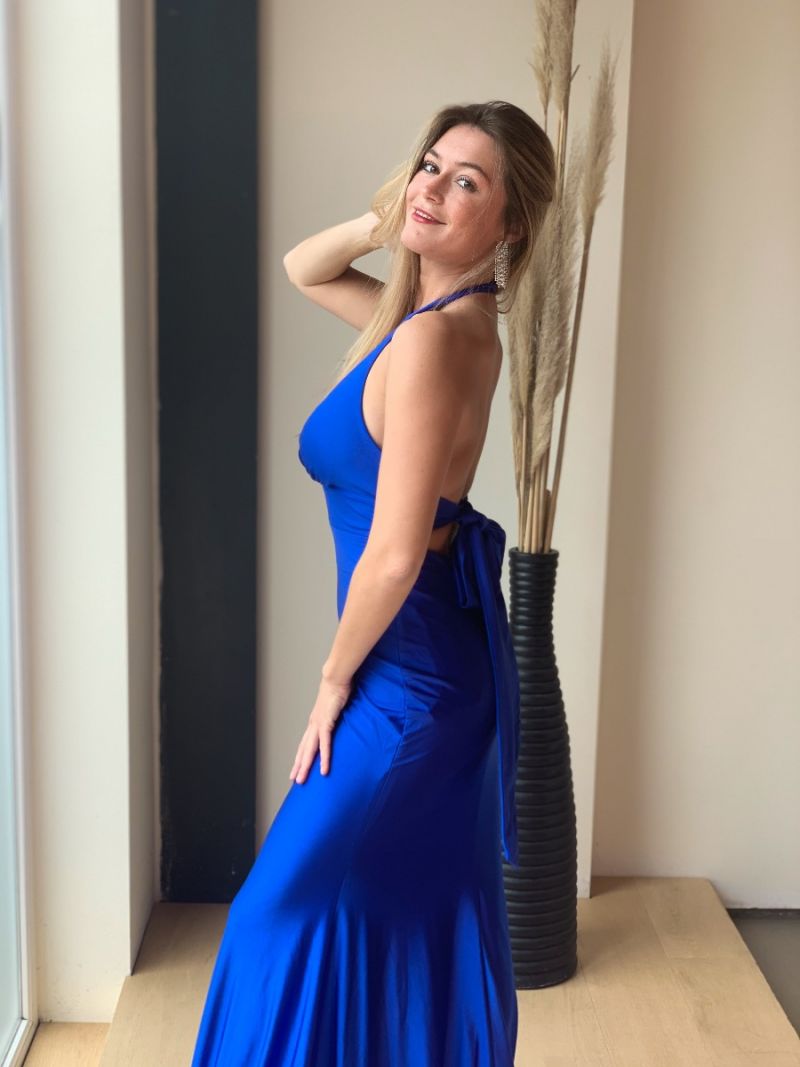 Lange jurk met satijnen Koningsblauw | Anne Sophie