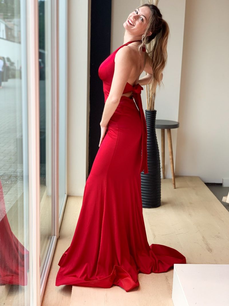 Veilig helpen Centimeter Lange jurk met satijnen rug - Rood | Anne Sophie