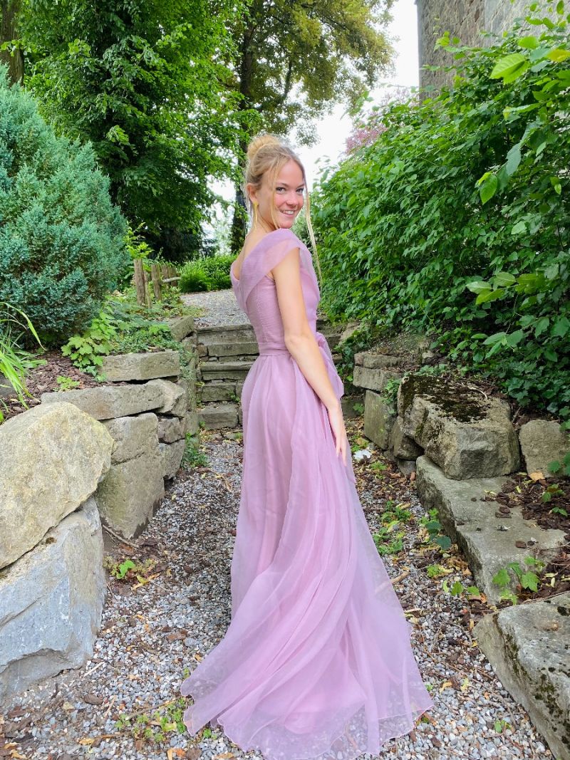Lange tule jurk met strik - paars